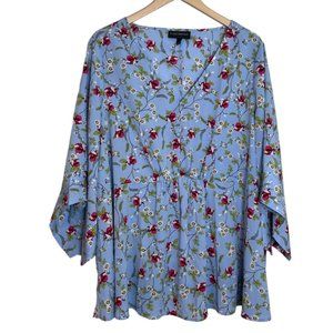Lane Bryant Top Womens‎ 18 Blue Floral Babydoll V-Neck Blouse Flowy